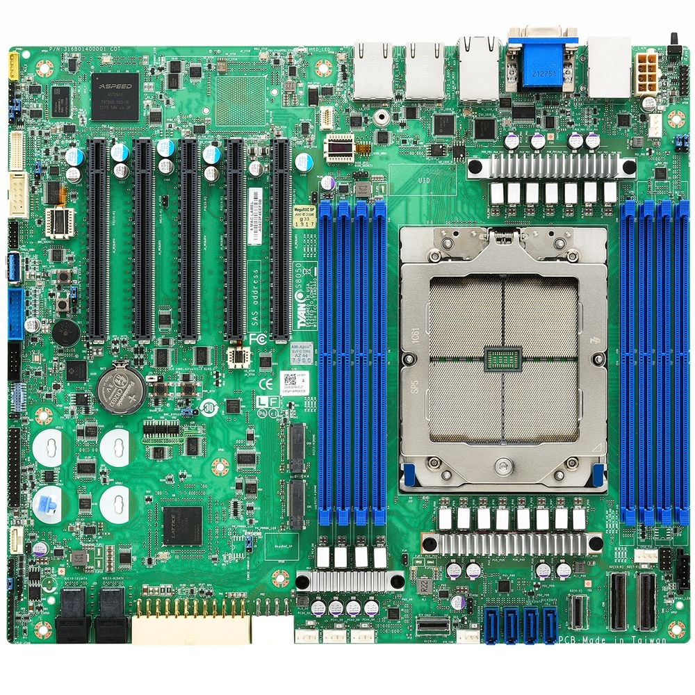 Фото Материнская плата Mitac S8050GM2NE, SP5, SoC, 8xDDR5, 12xSATA, 2xM.2 (PCIe x4), 5xPCIe 5.0 x16, 4xU.2, 3xRJ45, 2xUSB-A 5Gbps, 1xCOM, 1xD-Sub, Aspeed AST2600 GPU, Intel I210AT LAN, 1000 Мб/с, BIOS UEFI, SSI CEB
