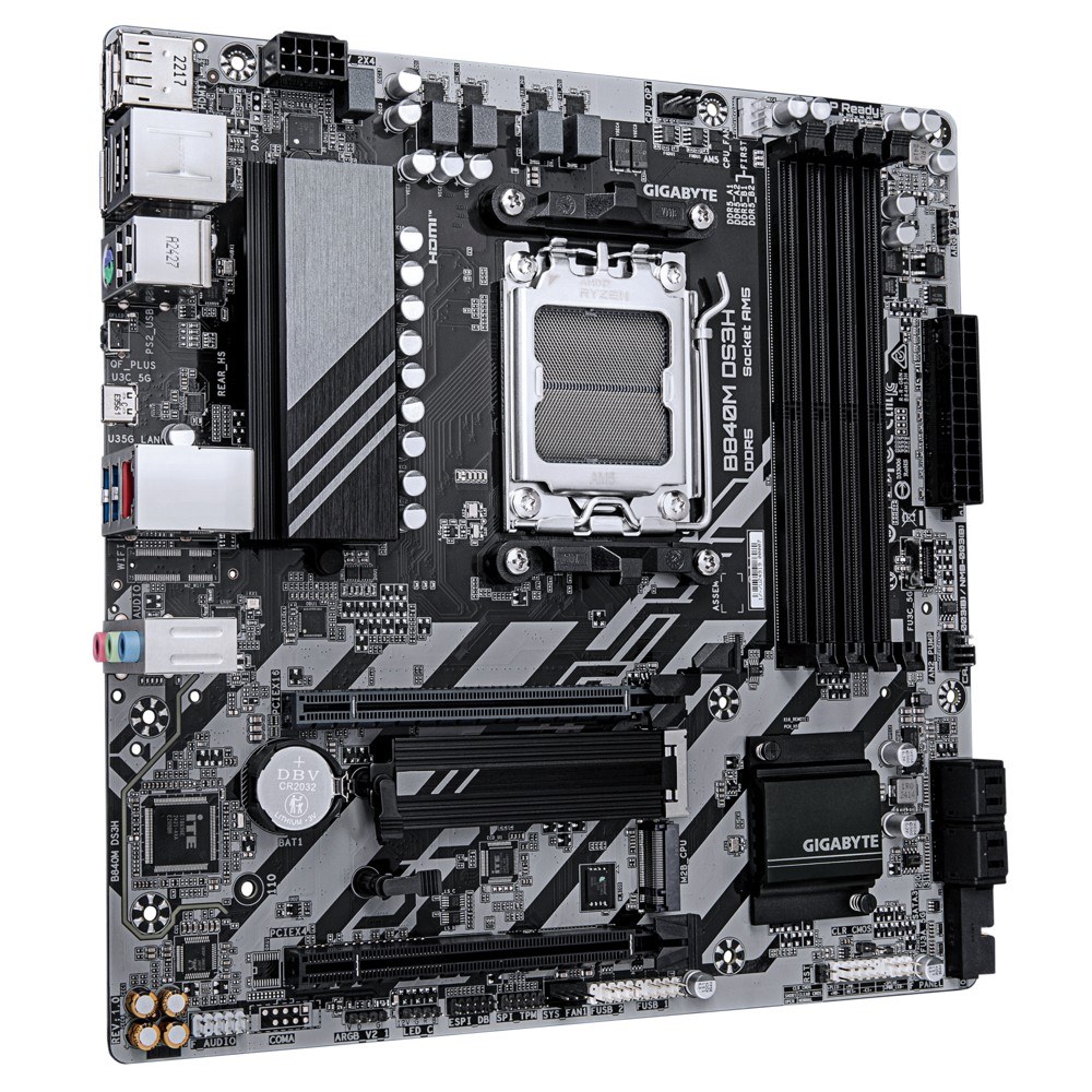 Фото Материнская плата Gigabyte B840M DS3H, AM5, AMD B840, 4xDDR5, 4xSATA, 2xM.2, 1xPCIe 4.0 x16, 1xPCIe 3.0 x4, 2xDP, 1xHDMI, 1x2.5Gb LAN, 3xUSB-A 5Gbps, 8xUSB-A 2.0, 1xUSB-C 5Gbps, 3x3.5 мм, 7.1, mATX