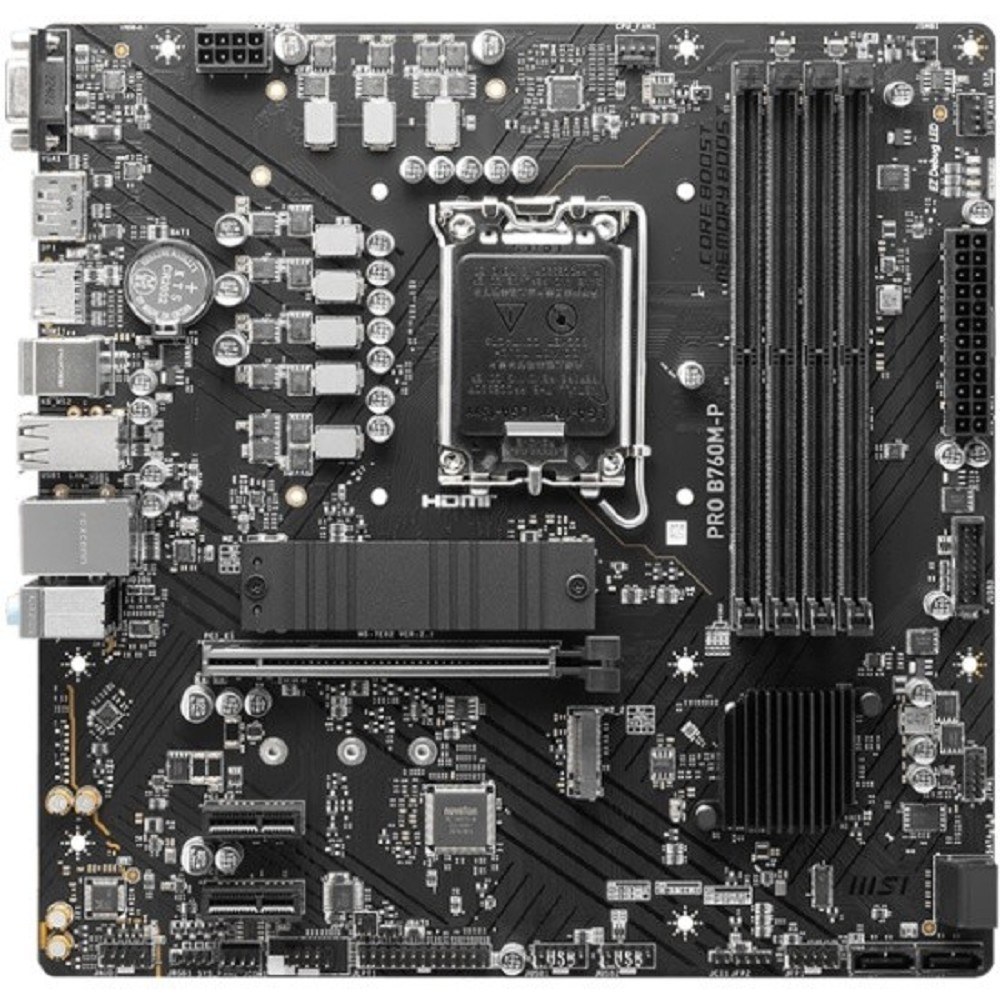 Фото Материнская плата MSI PRO B760M-P DDR5, LGA 1700, Intel B760, 4xDDR5, 4xSATA, 2xM.2, 1xPCIe 4.0 x16, 2xPCIe 3.0 x1, 1xHDMI, 1xDP, 1xVGA, 1x1Gb LAN, 4xUSB-A 2.0, 1xUSB-A 3.2 Gen 1, 1xUSB-C 3.2 Gen 2, 3x3.5 мм, 7.1, mATX