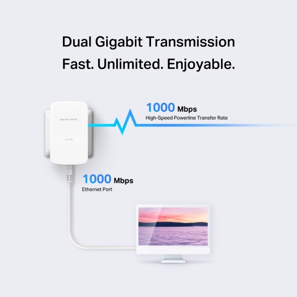 Фото Комплект гигабитных адаптеров Mercusys AV1000 Gigabit Powerline Kit, HomePlug AV2 standard, 1 Gigabit port, 300m over electrical circuits, plug and play.