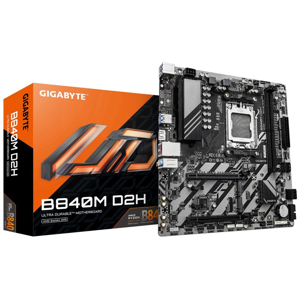 Фото Материнская плата Gigabyte B840M D2H (V1.2), AM5, AMD B840, 2xDDR5, 4xSATA, 2xM.2, 1xPCIe 4.0 x16, 1xPCIe 3.0 x4, 1xHDMI, 1x2.5Gb LAN, 2xUSB-A 5Gbps, 8xUSB-A 2.0, 3x3.5 мм, 7.1, mATX