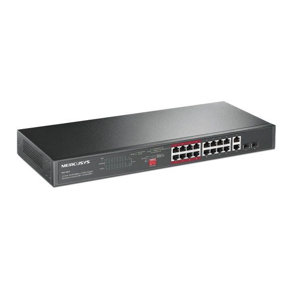 Фото Kоммутатор 16-портовый монтируемый в стойку PoE+ Mercusys MS118CP 10/100 Мбит/с с 2 гигабитными портами