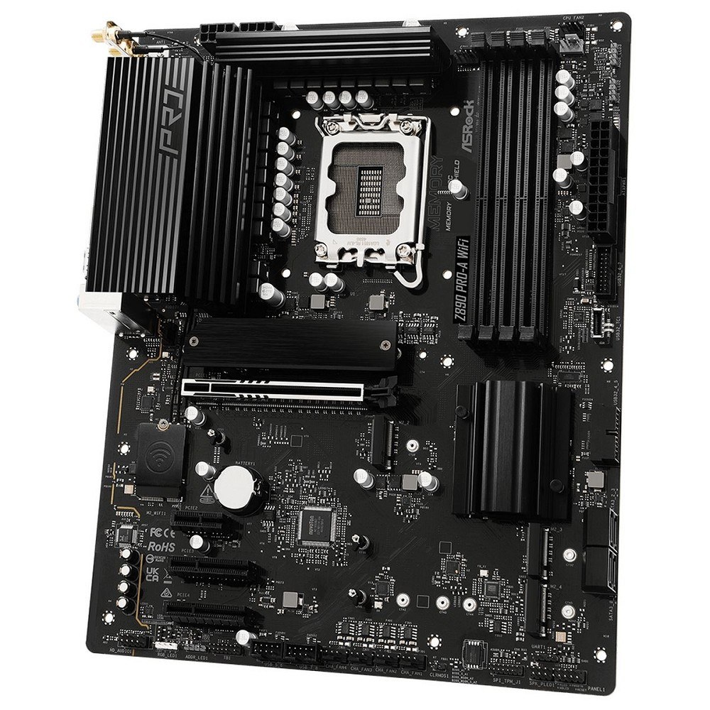 Фото Материнская плата ASRock Z890 PRO-A WIFI, LGA 1851, Intel Z890, 4xDDR5, 4xSATA, 4xM.2, 1xPCIe 5.0 x16, 2xPCIe 4.0 x4, 1xPCIe 4.0 x1, 1xHDMI, 1xDP, 1xThunderbolt 4, 1x2.5Gb LAN, 4xUSB-A 3.2 Gen 1, 2xUSB-A 3.2 Gen 2, 1xUSB-C 3.2 Gen 2, 2xUSB-C Thunderbolt 4