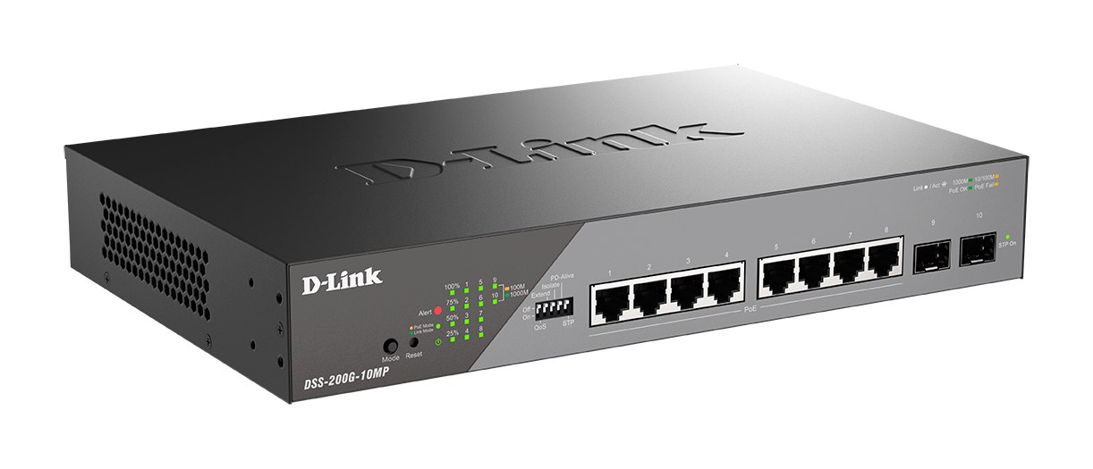Фото Коммутатор D-Link DSS-200G-10MP/A1A, 8×1 Гбит/с + 2×1 Гбит/с SFP, настраиваемый