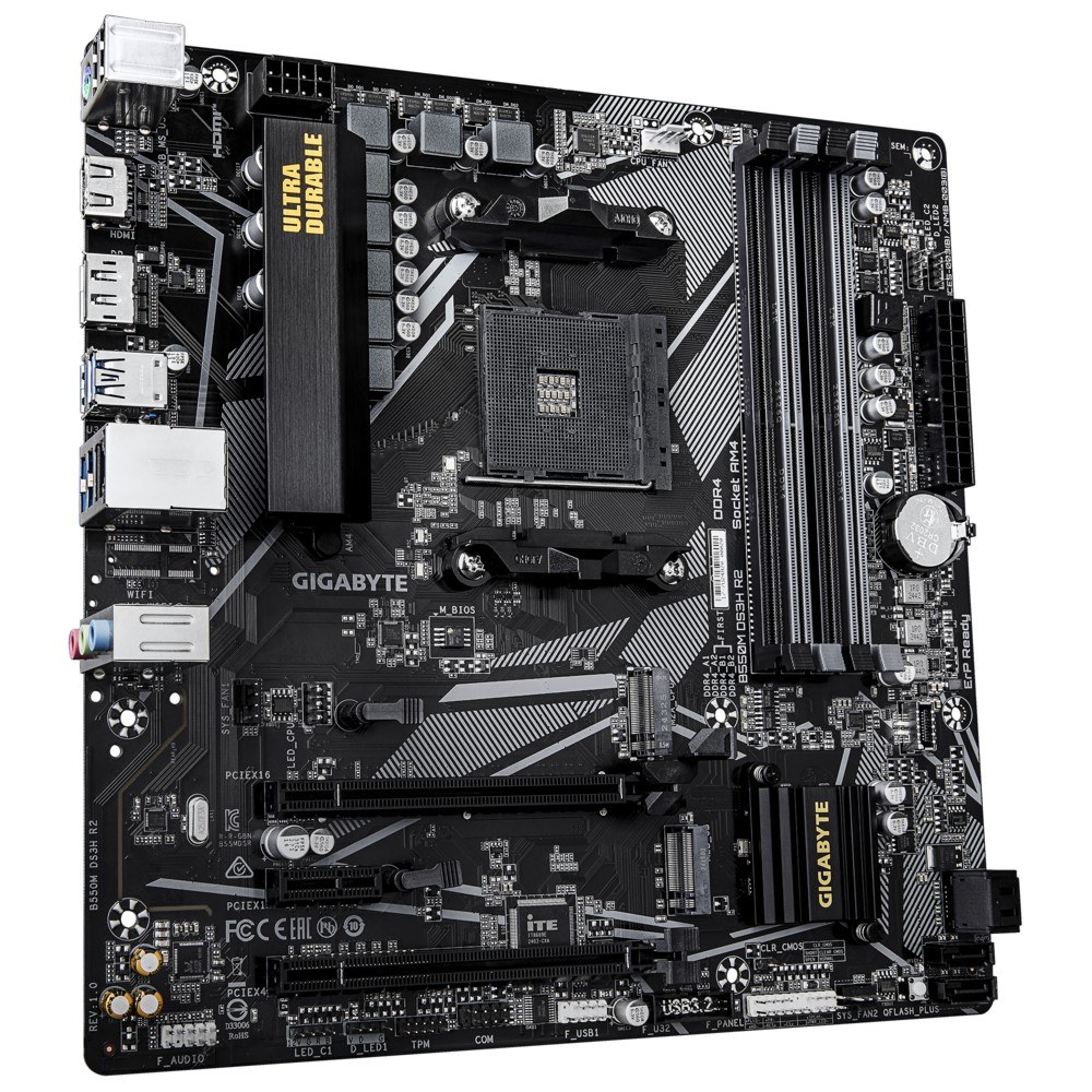 Фото Материнская плата Gigabyte B550M DS3H R2, AM4, AMD B550, 4xDDR4, 4xSATA, 2xM.2, 1xPCIe 4.0 x16, 1xPCIe 3.0 x4, 1xPCIe 3.0 x1, 1xDP, 1xHDMI, 1x1Gb LAN, 4xUSB-A 5Gbps, 2xUSB-A 2.0, 3x3.5 мм, 7.1, mATX