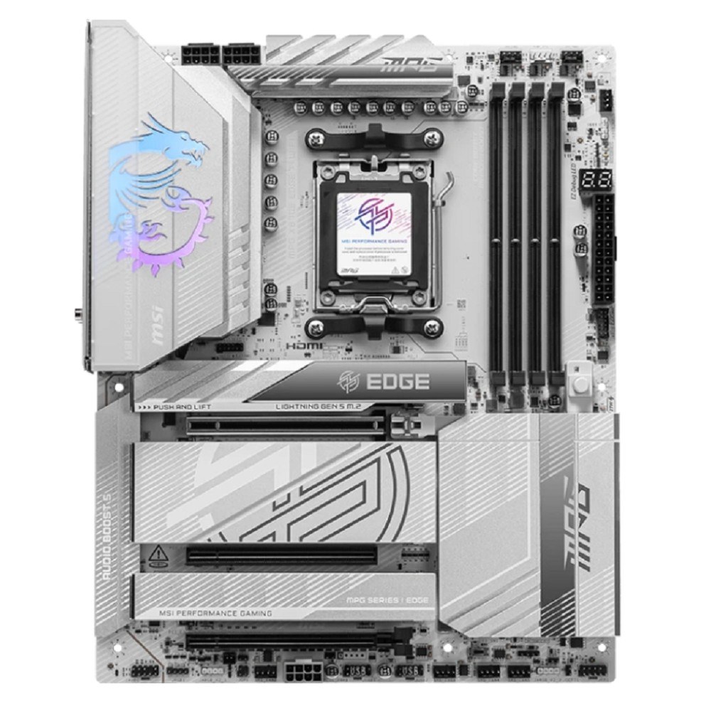 Фото Материнская плата MSI MPG X870E EDGE TI WIFI, AM5, AMD X870E, 4xDDR5, 4xSATA, 4xM.2, 1xPCIe 5.0 x16, 1xPCIe 4.0 x4, 1xPCIe 3.0 x1, 1xHDMI (v2.1), 1xUSB-C 10Gbps, 1x5Gb LAN, Wi-Fi 7, Bluetooth 5.4, 2xUSB-C 40Gbps, 5xUSB-A 10Gbps, 4xUSB-A 2.0, 2x3.5 мм, S/P