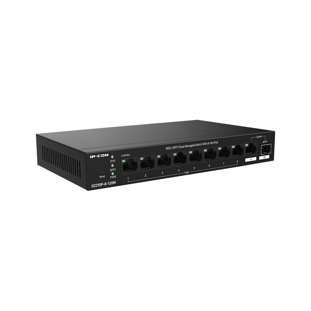 Фото Коммутатор управляемый IP-COM G2210P-8-120W PoE, 10 портов, 9x1 Гбит/с, SFP 1x1 Гбит/с, PoE 8x30Вт (до 110 Вт)