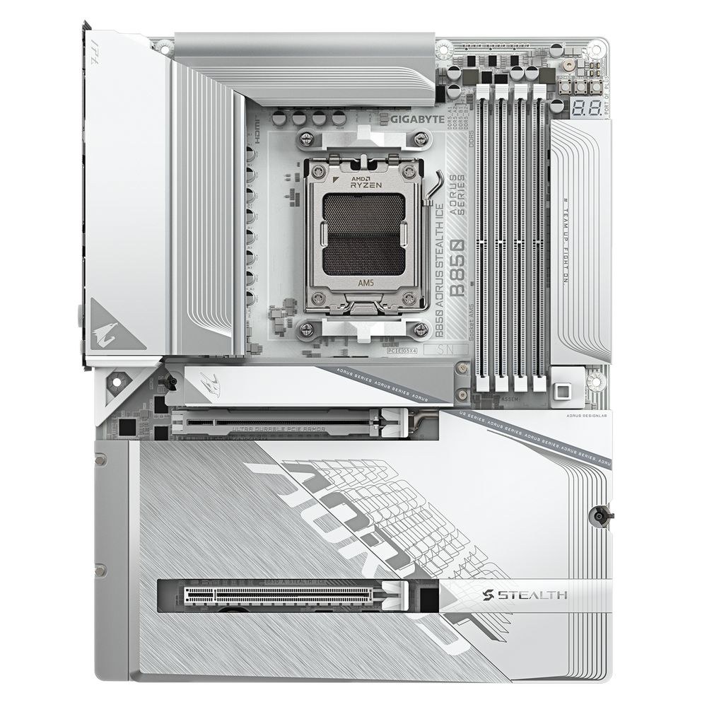 Фото Материнская плата Gigabyte B850 AORUS STEALTH ICE, AM5, AMD B850, 4xDDR5, 2xSATA, 4xM.2, 1xPCIe 5.0 x16, 1xPCIe 4.0 x4, 1xHDMI, 1x5Gb LAN, Wi-Fi 7, Bluetooth 5.4, 1xUSB-C 10Gbps, 2xUSB-A 10Gbps, 4xUSB-A 5Gbps, 4xUSB-A 2.0, 2x3.5 мм, 7.1, ATX