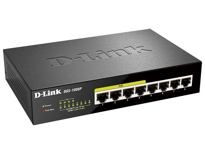 Фото Коммутатор неуправляемый D-Link DGS-1008P/F3A с 8 портами 10/100/1000Base-T (4 порта PoE 802.3af/at, PoE-бюджет 60 Вт)