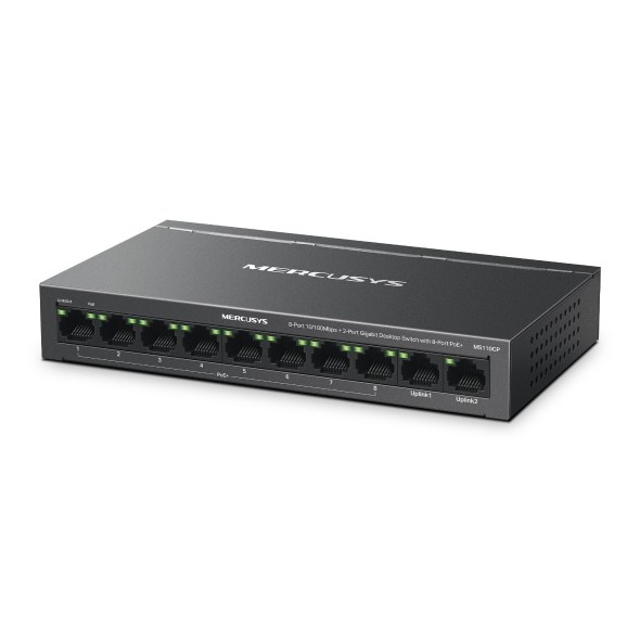 Фото Коммутатор настольный Mercusys MS110CP с 8 портами PoE+ 10/100 Мбит/c и 2 гигабитными портами