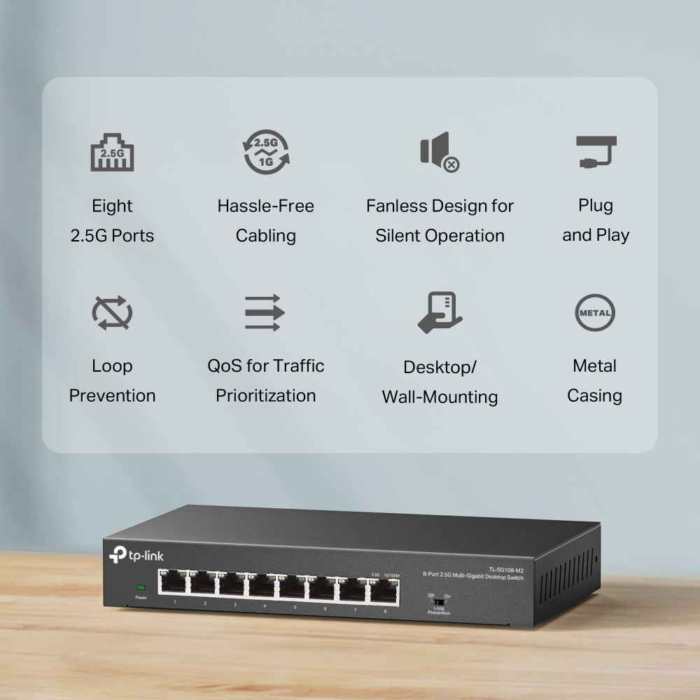 Фото Коммутатор TP-Link 8-port Desktop 2.5G Unmanaged switch, 8 100/1G/2.5G RJ-45 ports, Fanless design, 12V/1.5A DC power supply.