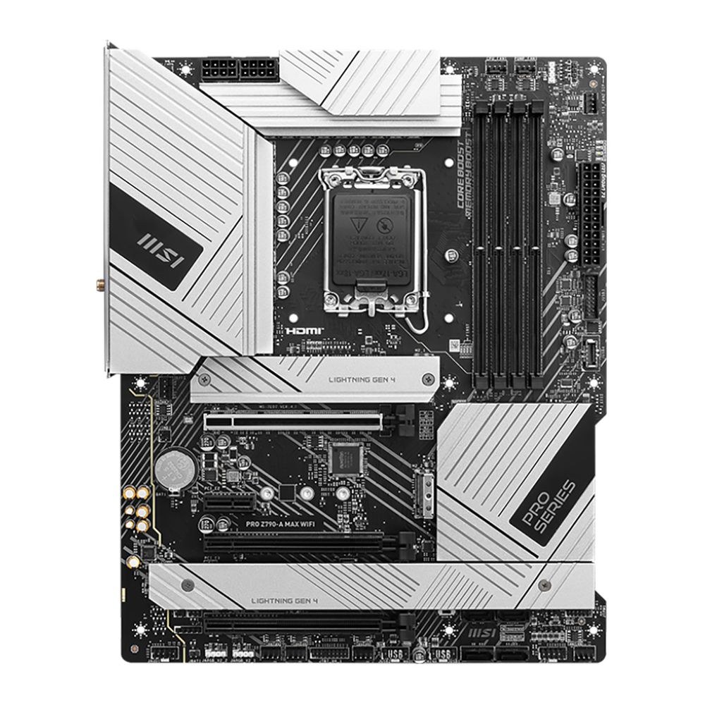 Фото Материнская плата MSI PRO Z790-A MAX WIFI, LGA 1700, Intel Z790, 4xDDR5, 6xSATA, 4xM.2, 1xPCI-E 5.0 x16, 1xPCI-E 4.0 x16, 1xPCI-E 3.0 x16, 1xPCI-E x1, 1xHDMI, 1xDP, 1x2.5Gb LAN, 2xUSB-A 2.0, 2xUSB-A 3.2 Gen 1, 3xUSB-A 3.2 Gen 2, 1xUSB-C 3.2 Gen 2x2, 5x3.5