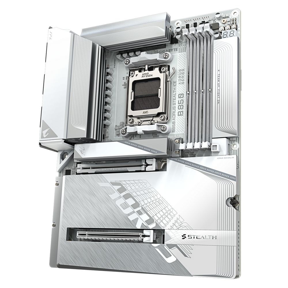 Фото Материнская плата Gigabyte B850 AORUS STEALTH ICE, AM5, AMD B850, 4xDDR5, 2xSATA, 4xM.2, 1xPCIe 5.0 x16, 1xPCIe 4.0 x4, 1xHDMI, 1x5Gb LAN, Wi-Fi 7, Bluetooth 5.4, 1xUSB-C 10Gbps, 2xUSB-A 10Gbps, 4xUSB-A 5Gbps, 4xUSB-A 2.0, 2x3.5 мм, 7.1, ATX