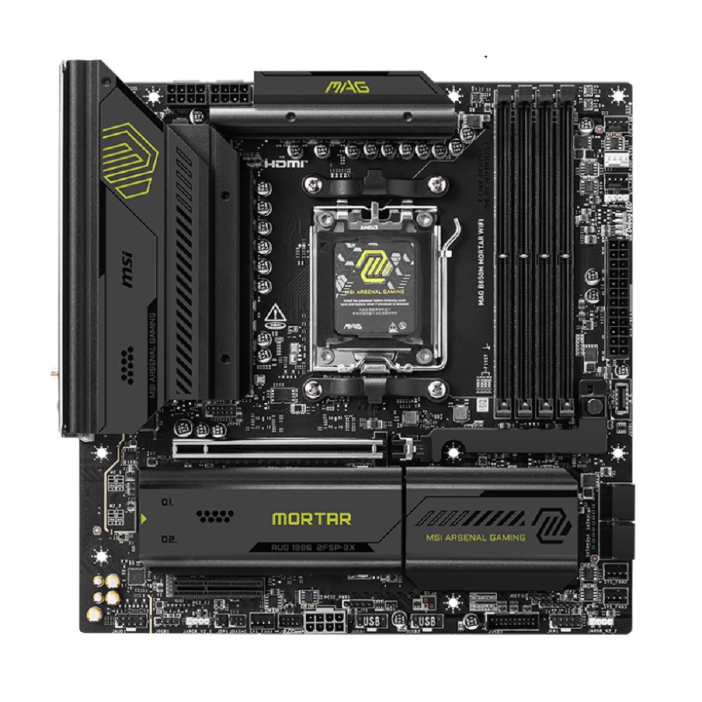 Фото Материнская плата MSI MAG B850M MORTAR WIFI, AM5, AMD B850, 4xDDR5, 4xSATA, 3xM.2, 1xPCIe 5.0 x16, 1xPCIe 4.0 x4, 1xHDMI, 1x5Gb LAN, Wi-Fi 7, Bluetooth 5.4, 1xUSB-C 40Gbps, 1xUSB-C 20Gbps, 5xUSB-A 10Gbps, 2xUSB-A 5Gbps, 4xUSB-A 2.0, 1xS/PDIF, 2x3.5 мм, 7.