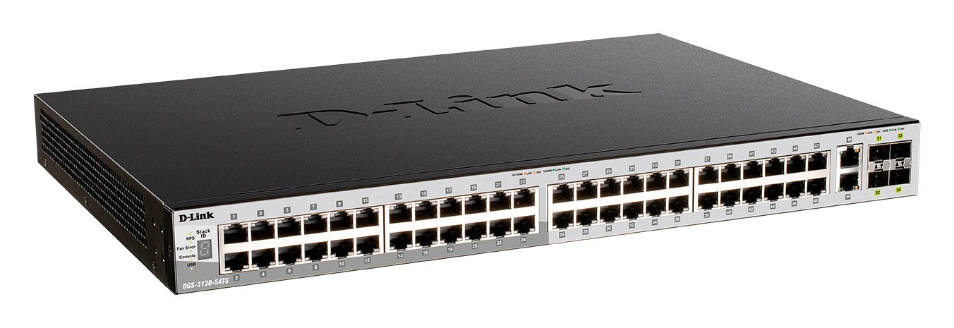 Фото Коммутатор управляемый L3 стекируемый D-Link DGS-3130-54TS/B1A PROJ с 48 портами 10/100/1000Base-T, 2 портами 10Gbase-T и 4 портами 10Gbase-X SFP+