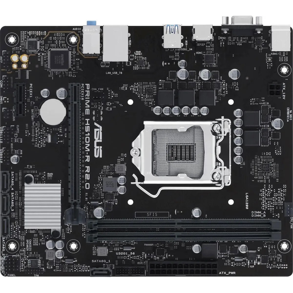 Фото Материнская плата ASUS PRIME H510M-R R2.0-SI, LGA 1200, Intel H470, 2xDDR4, 4xSATA, 1xPCIe 4.0 x16, 1xPCIe x1, 1xHDMI, 1xVGA, 2xUSB-A 3.2 Gen 1, 2xUSB-A 2.0, 1x 1Gb LAN, 3x3.5 мм, 7.1, mATX