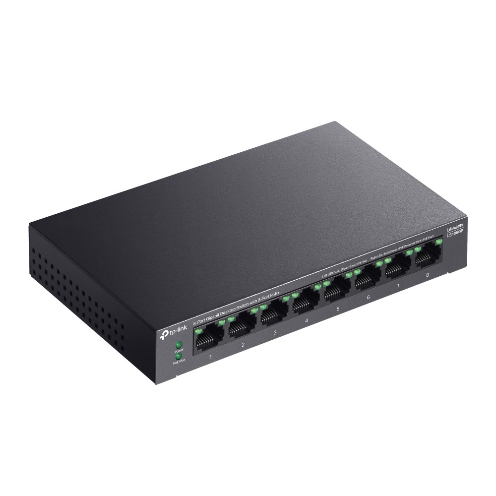 Фото Коммутатор настольный TP-Link LS108GP с 8 гигабитными портами PoE+, 802.3af/at, бюджет PoE — 62 Вт, до 250 метров