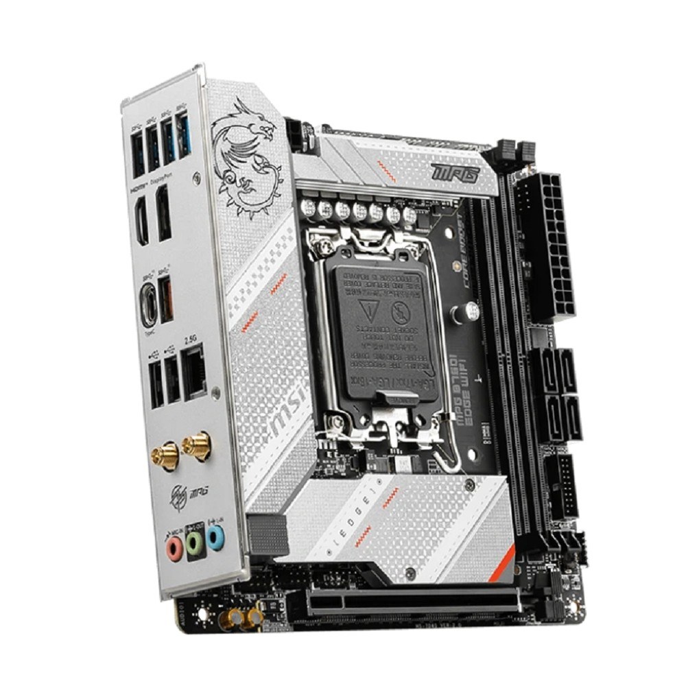 Фото Материнская плата MSI MPG B760I EDGE WIFI, LGA 1700, Intel B760, 2xDDR5, 4xSATA, 2xM.2, 1xPCIe 5.0 x16, 1xHDMI, 1xDP, 1x 2.5Gb LAN, 4xUSB-A 3.2 Gen 1, 1xUSB-A 3.2 Gen 2, 2xUSB-A 2.0, 1xUSB-C 3.2 Gen 2, 3x3.5 мм, 7.1, Mini-ITX
