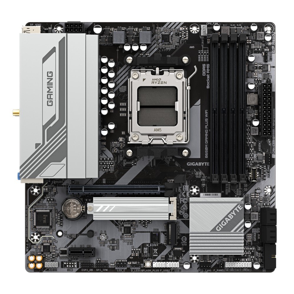 Фото Материнская плата Gigabyte B650M GAMING PLUS WIFI, AM5, AMD B650, 4xDDR5, 4xSATA, 2xM.2, 1xPCIe 4.0 x16, 1xPCIe 3.0 x1, 2xDP, 1xHDMI, 1x2.5Gb LAN, Wi-Fi 6E, Bluetooth 5.3, 1xUSB-C 5Gbps, 5xUSB-A 5Gbps, 6xUSB-A 2.0, 3x3.5 мм, 7.1, mATX