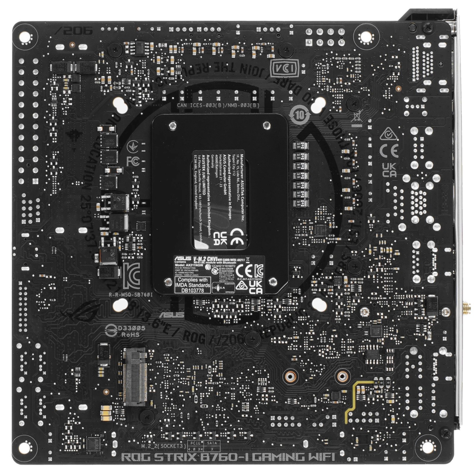 Фото Материнская плата ASUS ROG STRIX B760-I GAMING WIFI, LGA 1700, Intel B760, 2xDDR5, 4xSATA, 2xM.2, 1xPCIe 5.0 x16, 1xHDMI, 1xDP, 1x 2.5Gb LAN, 3xUSB-A 2.0, 3xUSB-A 3.2 Gen 1, 1xUSB-C 3.2 Gen 1, 1xUSB-C 3.2 Gen 2x2, 5x3.5 мм, 7.1, Mini-ITX