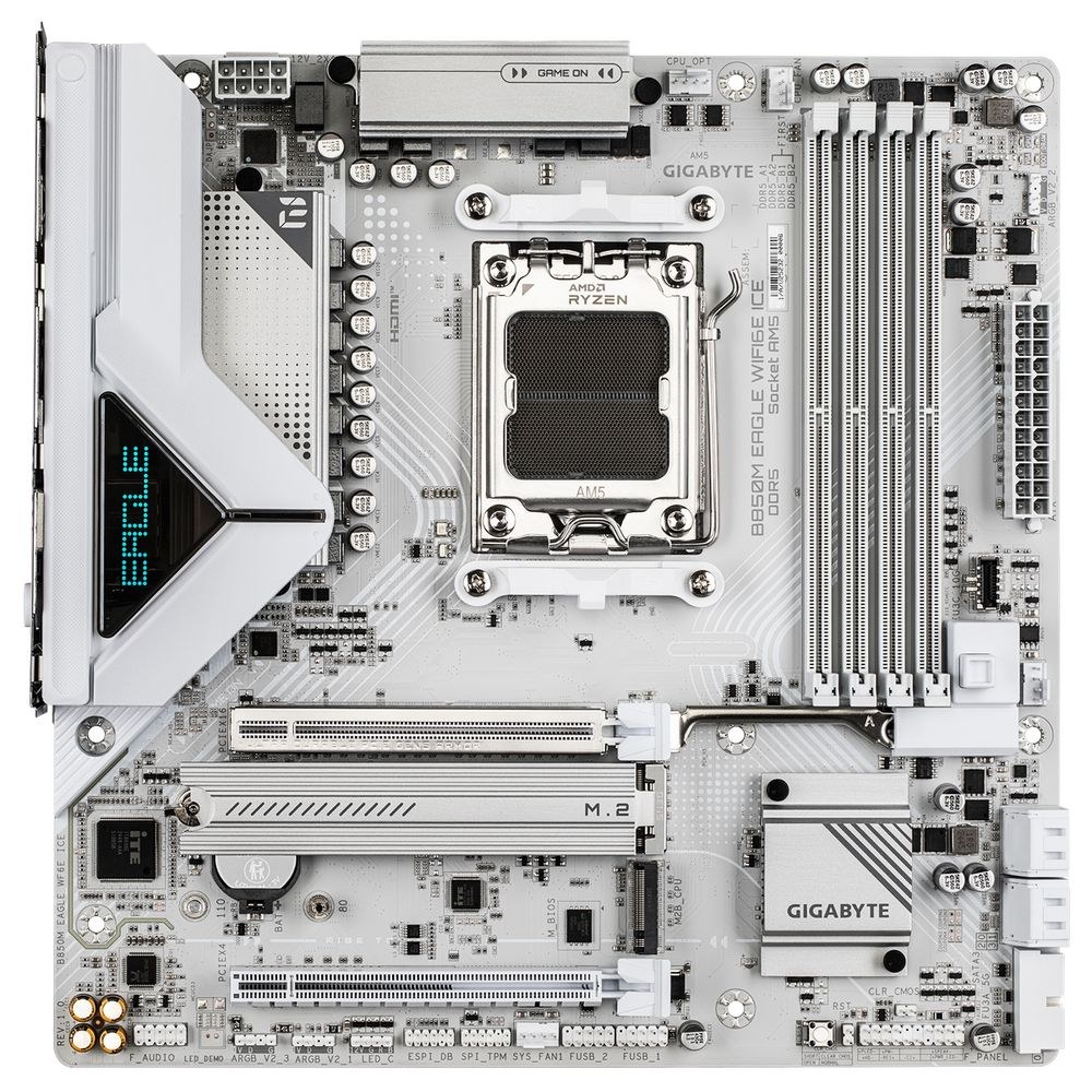 Фото Материнская плата Gigabyte B850M EAGLE WIFI6E ICE, AM5, AMD B850, 4xDDR5, 4xSATA, 2xM.2, 1xPCIe 5.0 x16, 1xPCIe 3.0 x4, 1xHDMI, 2xDP, 1x2.5Gb LAN, Wi-Fi 6E, Bluetooth 5.3, 1xUSB-C 10Gbps, 1xUSB-A 10Gbps, 2xUSB-A 5Gbps, 4xUSB-A 2.0, 3x3.5 мм, 7.1, mATX