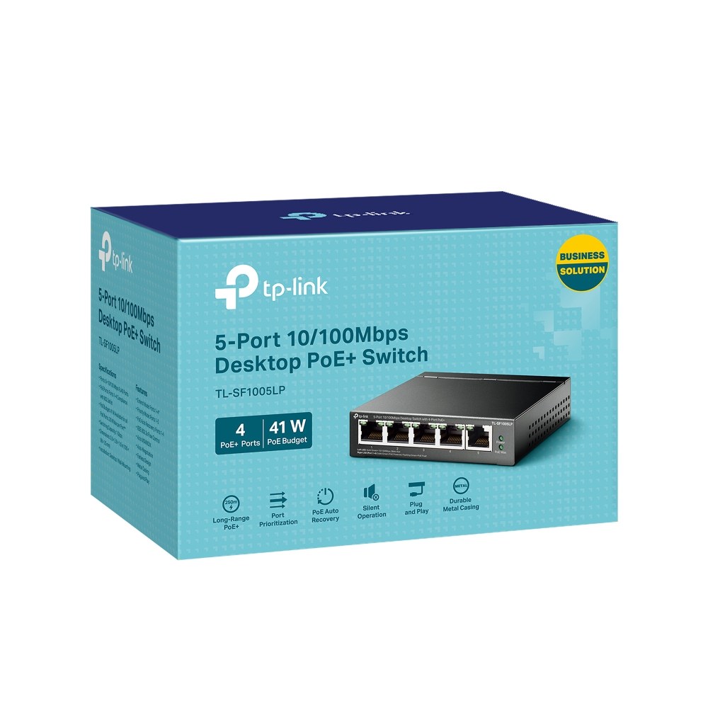 Фото Коммутатор 5-Port 10/100Mbps Unmanaged Switch with 4-Port PoE, meta case, desktop mount, PoE budget 41W.