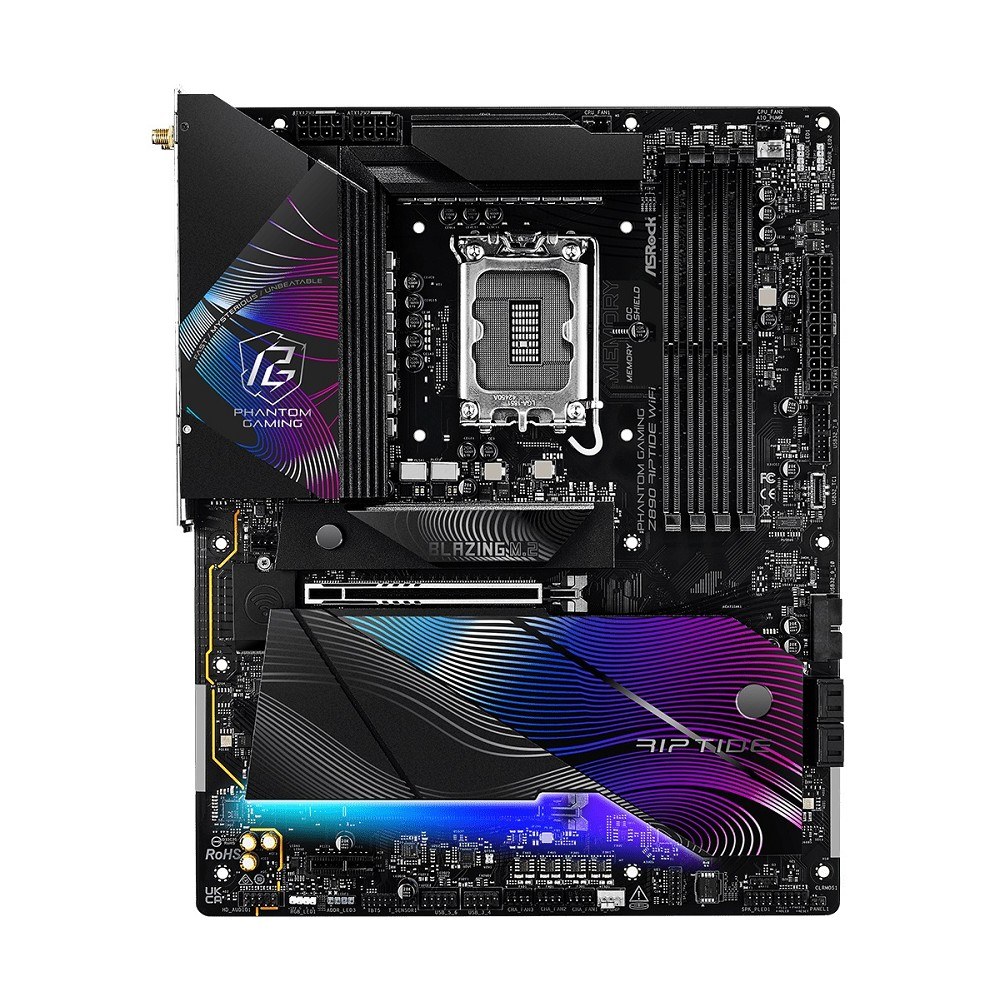 Фото Материнская плата ASRock Z890 Riptide WiFi, LGA 1851, Intel Z890, 4xDDR5, 4xSATA, 5xM.2, 1xPCIe 5.0 x16, 1xPCIe 4.0 x16, 1xPCIe x1, 2xUSB-C Thunderbolt 4, 4xUSB-A 3.2 Gen 1, 1xUSB-A 3.2 Gen 2, 1xHDMI, 1x2.5Gb LAN, 4x3.5 мм, 7.1, ATX