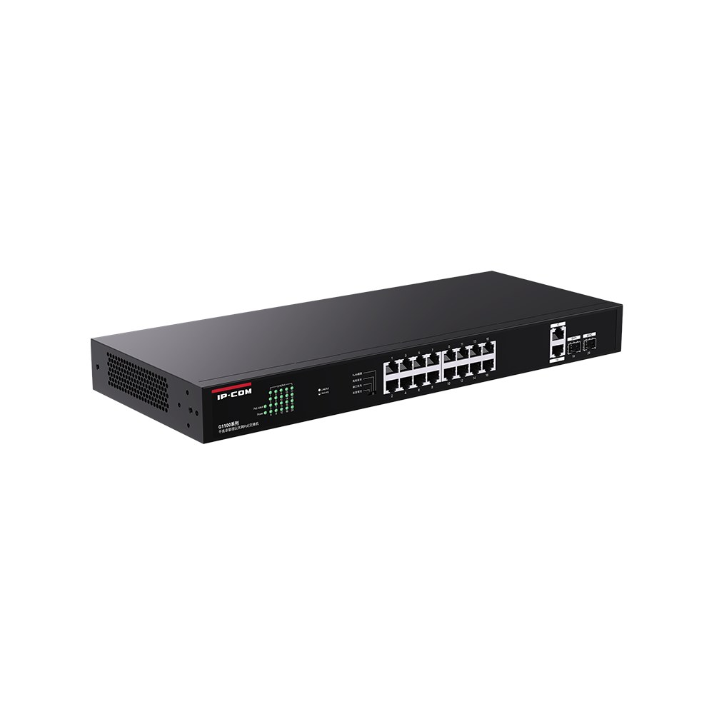 Фото Коммутатор IP-COM G1120P-16-150W, 16×1 Гбит/с PoE + 2×1 Гбит/с + 2×1 Гбит/с SFP, неуправляемый