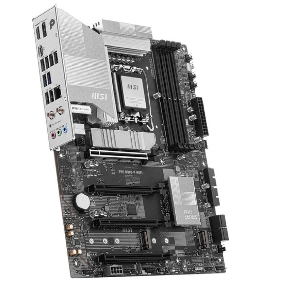 Фото Материнская плата MSI PRO B860-P WIFI, LGA 1851, Intel B860, 4xDDR5, 4xSATA, 3xM.2, 1xPCIe 5.0 x16, 1xPCIe 4.0 x4, 2xPCIe 4.0 x1, 1xHDMI, 1xDP, 1xUSB-C, 1x 5Gb LAN, 2xUSB-A 3.2 Gen 2, 2xUSB-A 3.2 Gen 1, 4xUSB-A 2.0, 3x3.5 мм, 7.1, Wi-Fi 7, ATX