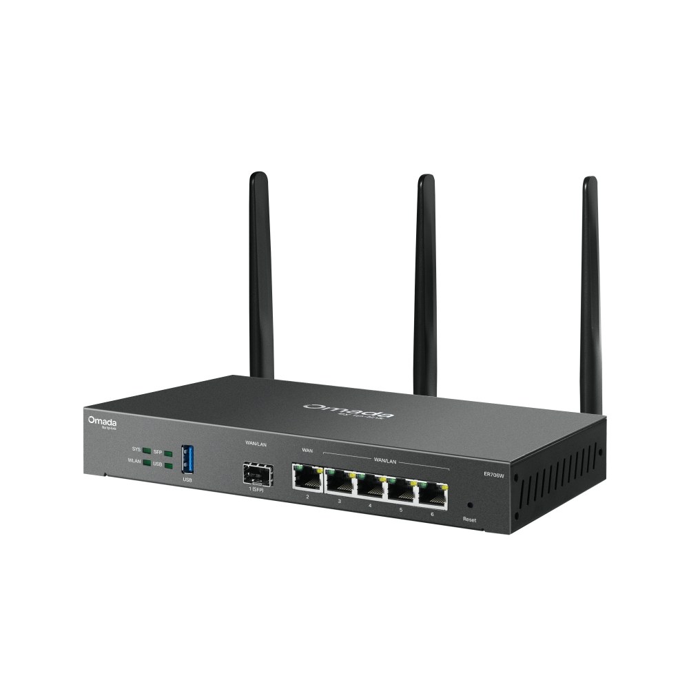 Фото VPN-маршрутизатор TP-Link ER706W Omada с гигабитными портами и поддержкой Wi-Fi AX3000, 1 гиг. SFP WAN/LAN, 1 гиг. RJ45 WAN, 4 гиг. RJ45 WAN/LAN, USB 3.0, до 574 М/с на 2,4 ГГц + до 2402 М/с