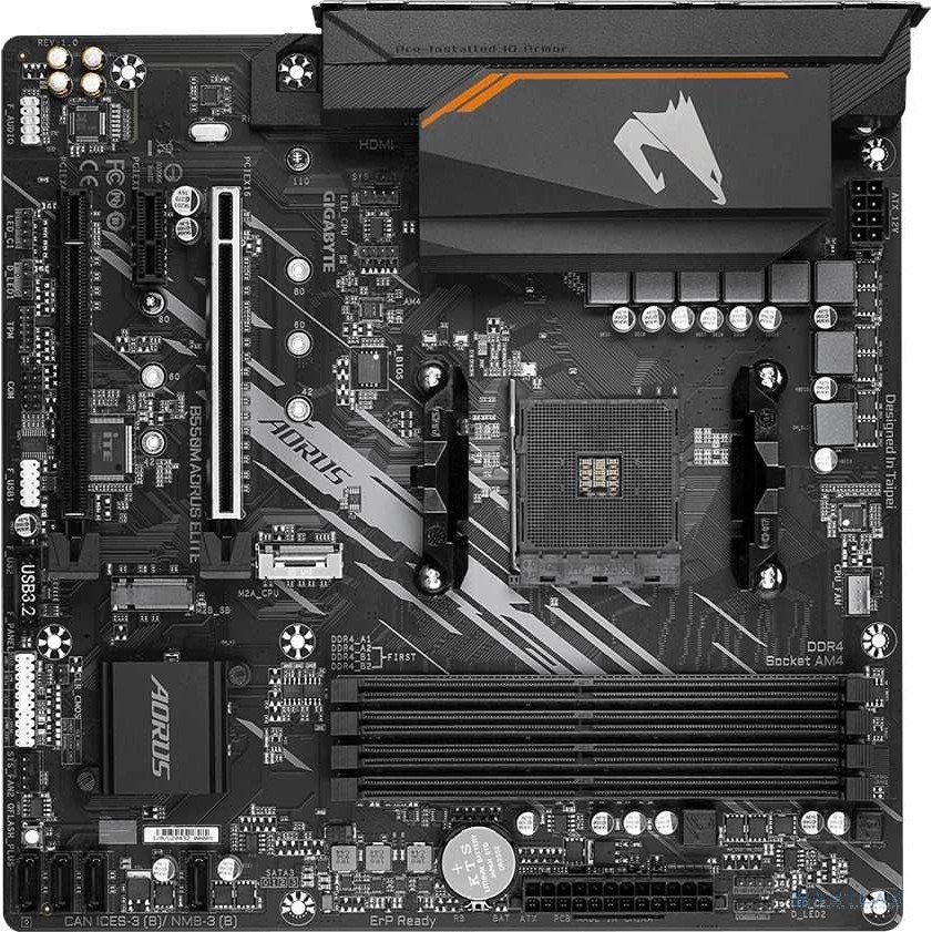 Фото Материнская плата Gigabyte B550M AORUS ELITE, AM4, AMD B550, 4xDDR4, 4xSATA, 2xM.2, 1xPCI-E 4.0 x16, 1xPCI-E 3.0 x4, 1xPCI-E x1, 1xHDMI, 1xDVI-D, 1x 1Gb LAN, 4xUSB-A 2.0, 4xUSB-A 3.2 Gen 1, 3x3.5 мм, 7.1, Micro-ATX