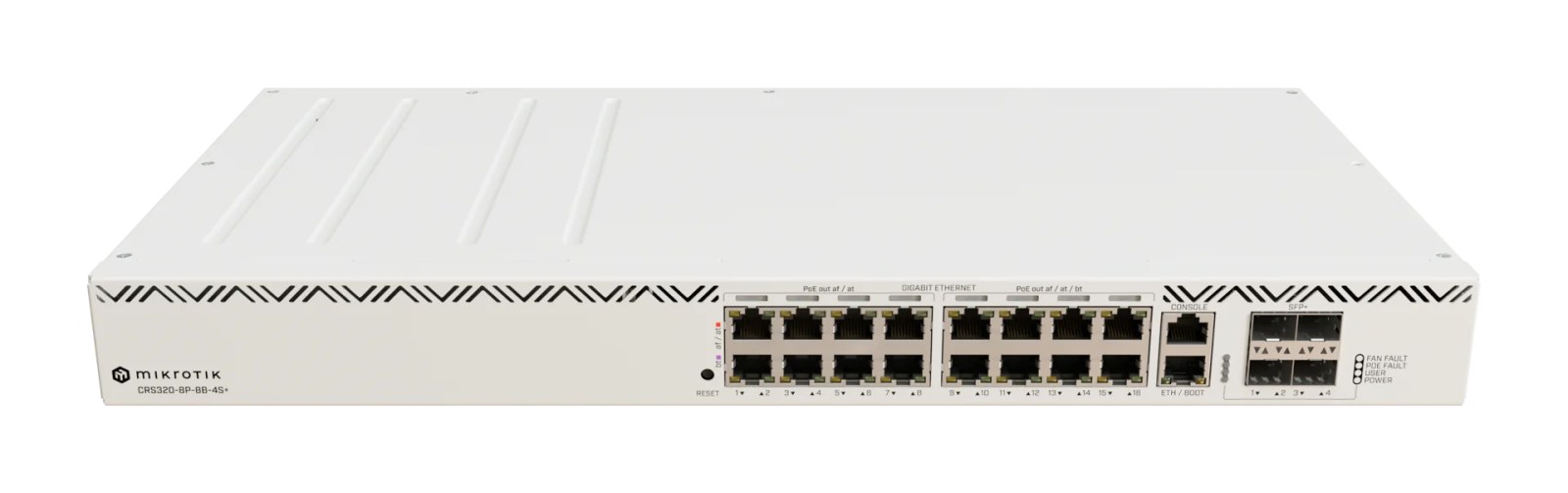 Фото Коммутатор MikroTik CRS320-8P-8B-4S+RM Cloud Router Switch with dual-core 800 MHz CPU, 256 MB RAM, 98DX226S switch chip, 17 x Gigabit Eth ports (8 x 802.3af/at, 8 x 802.3bt PoE-out), 4 x 10G SFP+ ports, RouterOS L5, 1U rackmount enclosure, 600W PSU