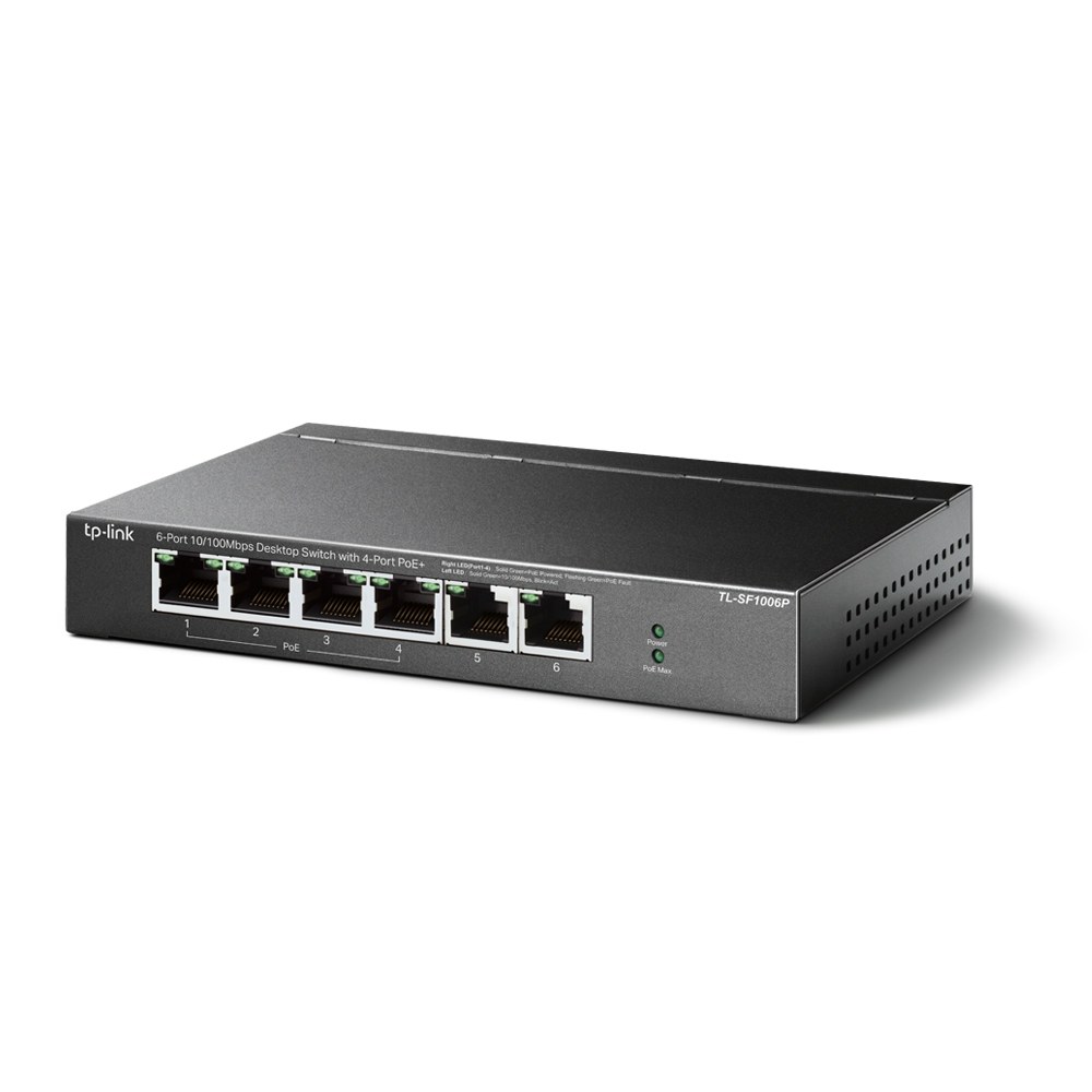 Фото Коммутатор TP-Link 4-port 10/100Mbps Unmanaged PoE+ Switch with 2 10/100Mbps uplink ports, meta case, desktop mount, 4 802.3af/at compliant PoE+ port, 2 10/100Mbps uplink ports, DIP switches for Extend mode, Isolation mode and Priority mode, up to 250m Po