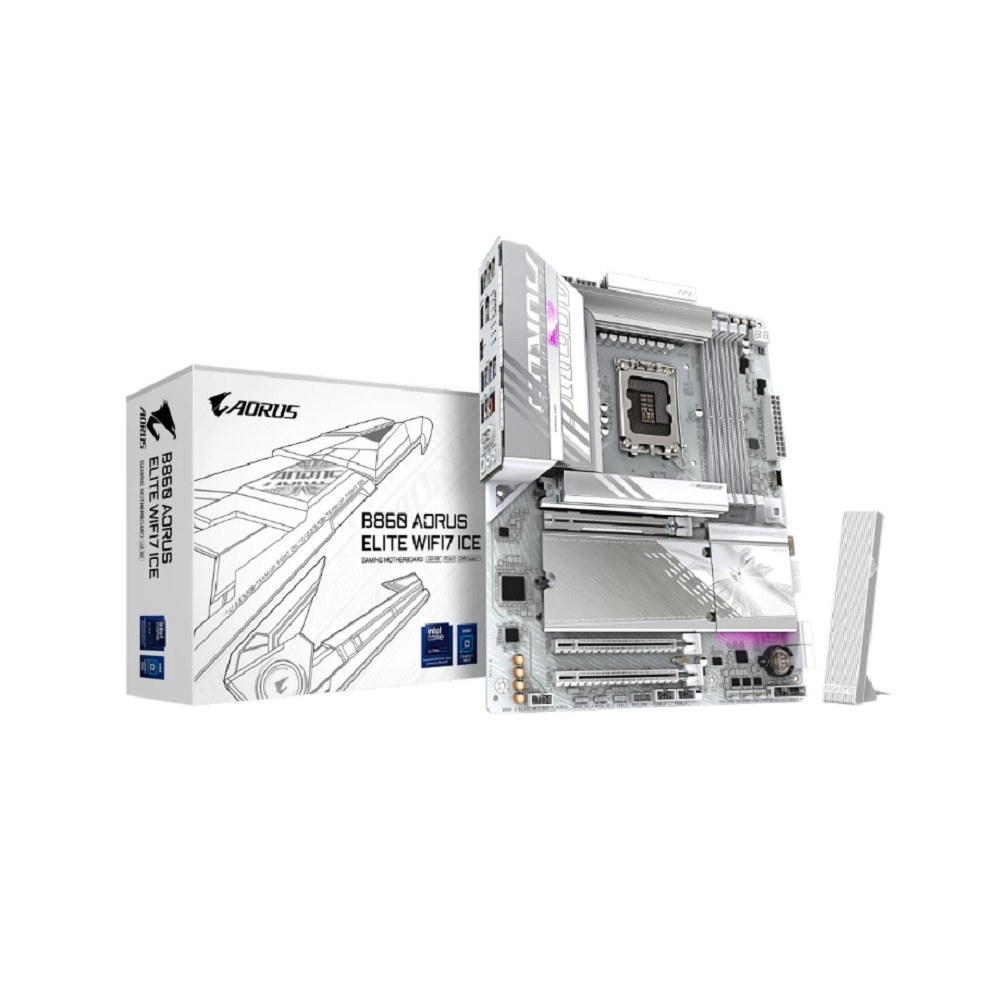 Фото Материнская плата Gigabyte B860 AORUS ELITE WIFI7 ICE, LGA 1851, Intel B860, 4xDDR5, 4xSATA, 3xM.2, 1xPCIe 5.0 x16, 2xPCIe 4.0 x1, 1xHDMI, 2xDP, 1x 2.5Gb LAN, 6xUSB-A 3.2, 1xUSB-C 3.2, 4xUSB-A 2.0, 2x3.5 мм, 7.1, ATX