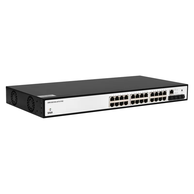Фото Управляемый коммутатор SNR уровня 2+, 24 порта 10/100/1000Base-T с поддержкой POE, 4 порта 1/10G SFP+, бюджет POE 370W