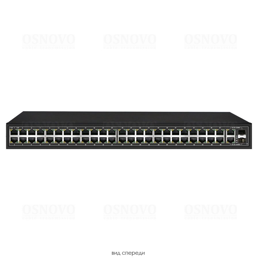 Фото Коммутатор Osnovo SW-64822(700W) 48 портовый PoE коммутатор, 48*10/100 Base-T PoE, 2*GE Combo Uplink, PoE на порт до 30W, суммарная мощность PoE до 700W