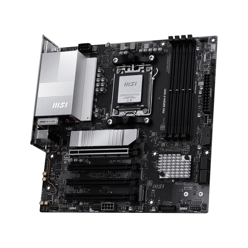 Фото Материнская плата MSI PRO B850M-P WIFI, AM5, AMD B850, 4xDDR5, 4xSATA, 3xM.2, 1xPCIe 5.0 x16, 1xPCIe 4.0 x4, 2xPCIe 3.0 x1, 1xHDMI, 2xUSB-C 10Gbps, 1xUSB-A 5Gbps, 1xUSB-A 10Gbps, 4xUSB-A 2.0, 2x3.5 мм, S/PDIF, 1x5Gb LAN, Wi-Fi 7, Bluetooth 5.4, 7.1, mATX