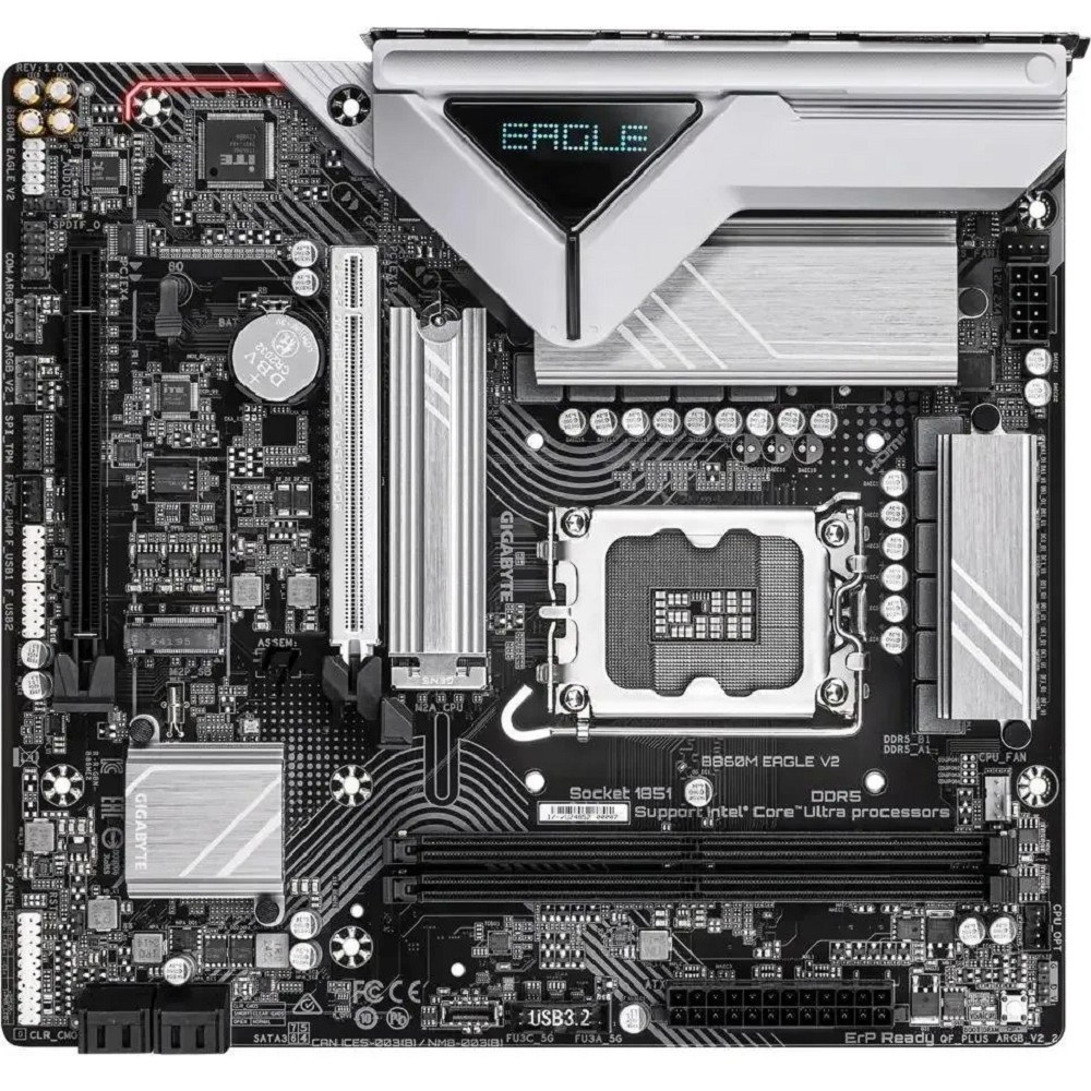 Фото Материнская плата Gigabyte B860M EAGLE V2, LGA1851, Intel B860, 2xDDR5, 4xSATA, 2xM.2, 1xPCIe 5.0 x16, 1xPCIe 4.0 x4, 1xDP, 1xHDMI, 1x2.5Gb LAN, 3xUSB-A 5Gbps, 7xUSB-A 2.0, 1xUSB-C 5Gbps, 3x3.5 мм, 7.1, mATX