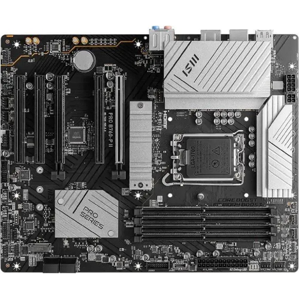 Фото Материнская плата MSI PRO B760-P II, LGA 1700, Intel B760, 4xDDR5, 4xSATA, 2xM.2, 1xPCI-E 4.0 x16, 1xPCI-E 4.0 x4, 3xPCI-E 3.0 x1, 1xHDMI, 1xDP, 1xRJ45 2.5Gb, 1xUSB-C 3.2 Gen 2, 2xUSB-A 3.2 Gen 1, 2xUSB-A 2.0, 5x3.5мм, TOSLINK, 7.1, Standard-ATX
