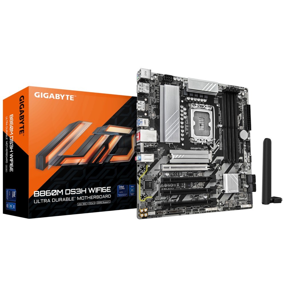 Фото Материнская плата Gigabyte B860M DS3H WIFI6E, LGA1851, Intel B860, 4xDDR5, 4xSATA, 2xM.2, 1xPCIe 5.0 x16, 3xPCIe 4.0 x1, 2xDP, 1xHDMI, 1x2.5Gb LAN, Wi-Fi 6E, Bluetooth 5.3, 1xUSB-C 10Gbps, 2xUSB-A 10Gbps, 4xUSB-A 5Gbps, 7xUSB-A 2.0, 3x3.5 мм, 7.1, mATX