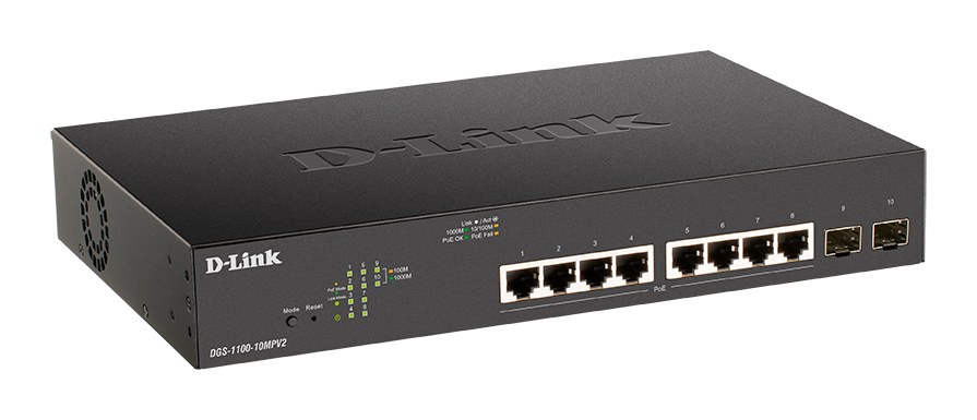 Фото Коммутатор настраиваемый L2 D-Link DGS-1100-10MPV2/A3A с 8 портами 10/100/1000Base-T и 2 портами 1000Base-X SFP (8 портов PoE 802.3af/at, PoE-бюджет 130 Вт)