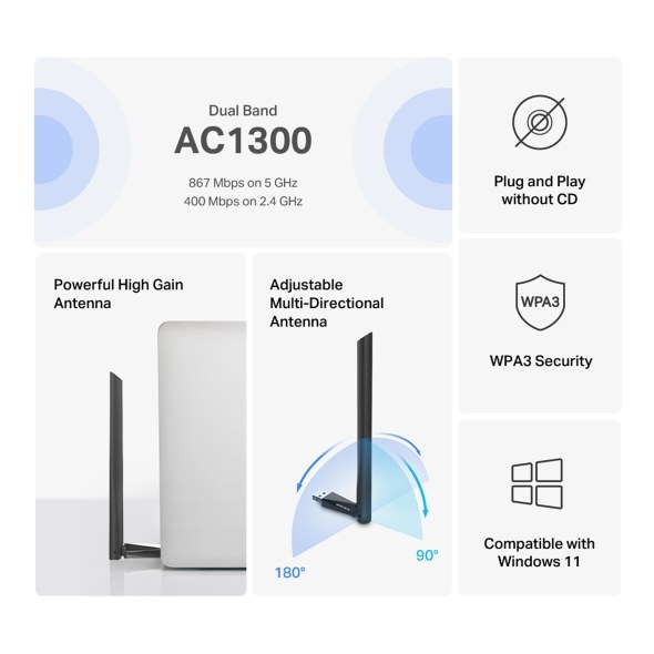 Фото Mercusys MA30H AC1300 Двухдиапазонный Wi-Fi USB-адаптер высокого усиления