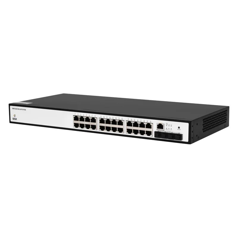 Фото Управляемый коммутатор SNR уровня 2+, 24 порта 10/100/1000Base-T с поддержкой POE, 4 порта 1/10G SFP+, бюджет POE 370W