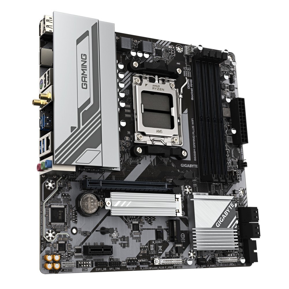 Фото Материнская плата Gigabyte B650M GAMING PLUS WIFI, AM5, AMD B650, 4xDDR5, 4xSATA, 2xM.2, 1xPCIe 4.0 x16, 1xPCIe 3.0 x1, 2xDP, 1xHDMI, 1x2.5Gb LAN, Wi-Fi 6E, Bluetooth 5.3, 1xUSB-C 5Gbps, 5xUSB-A 5Gbps, 6xUSB-A 2.0, 3x3.5 мм, 7.1, mATX