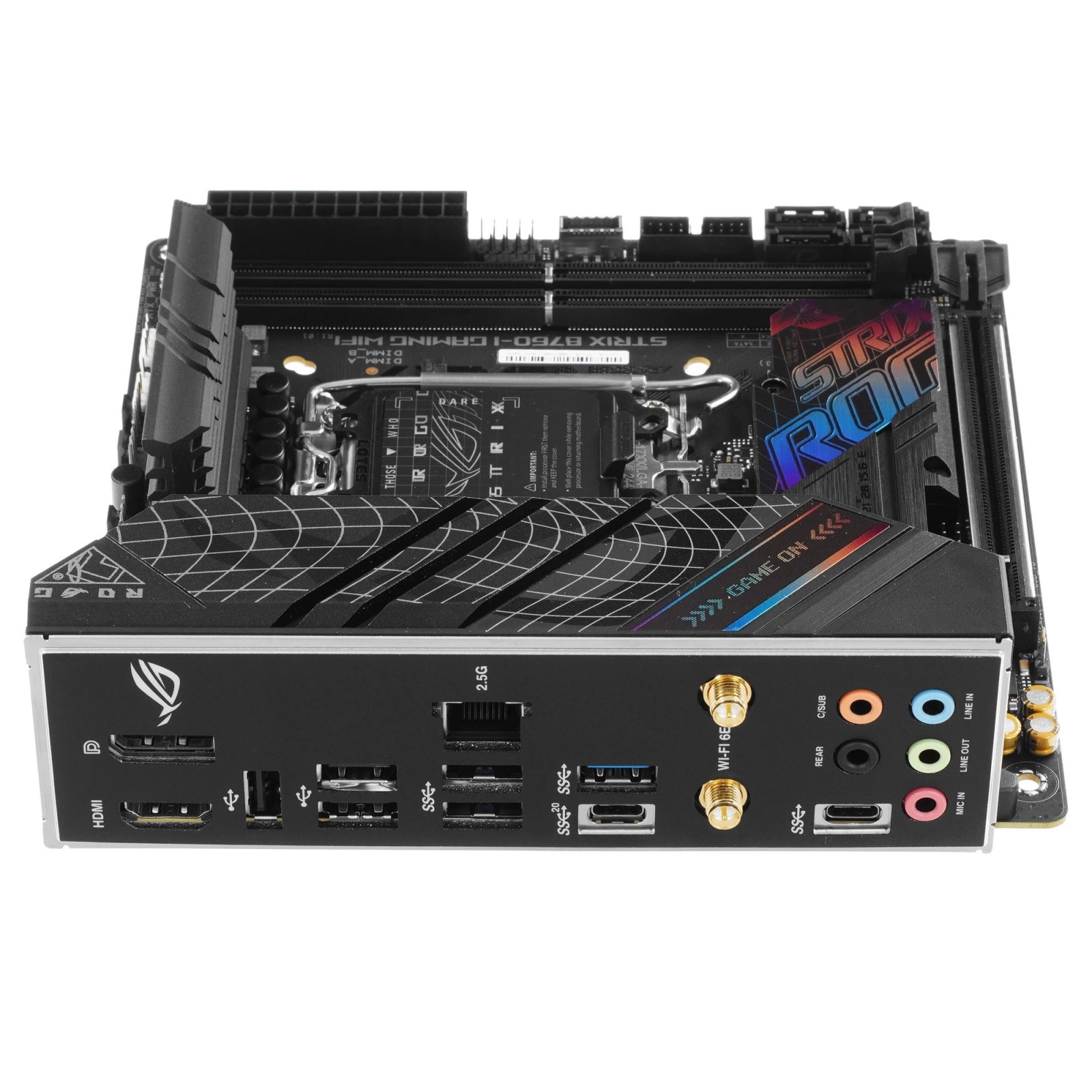 Фото Материнская плата ASUS ROG STRIX B760-I GAMING WIFI, LGA 1700, Intel B760, 2xDDR5, 4xSATA, 2xM.2, 1xPCIe 5.0 x16, 1xHDMI, 1xDP, 1x 2.5Gb LAN, 3xUSB-A 2.0, 3xUSB-A 3.2 Gen 1, 1xUSB-C 3.2 Gen 1, 1xUSB-C 3.2 Gen 2x2, 5x3.5 мм, 7.1, Mini-ITX