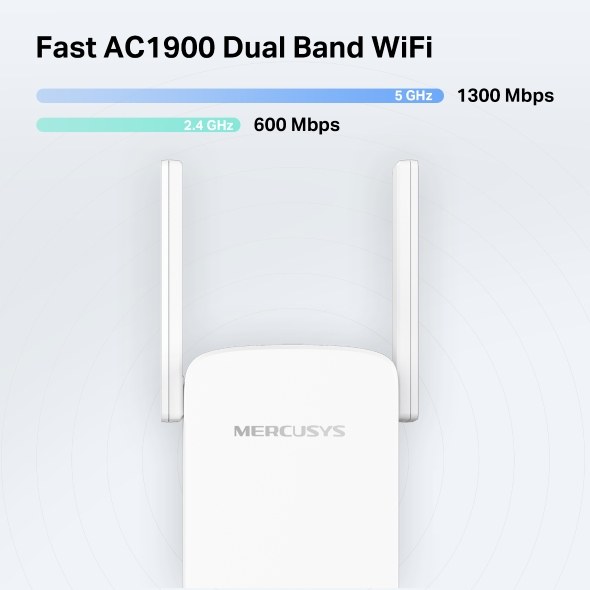 Фото Роутер AC1900 Wi-Fi Range ExtenderSPEED: 600 Mbps at 2.4 GHz + 1300 Mbps at 5 GHz SPEC:4× Fixed External Antennas, 1× Gigabit Port, Wall PluggedFEATURE: MERCUSYS APP, WPS/Reset Button, Signal Indicator, Range Extender/Access Point mode, Adaptive Path