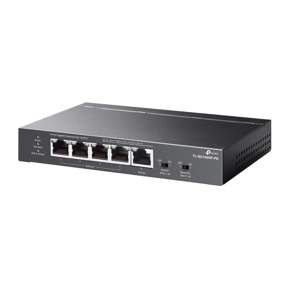 Фото Коммутатор настольный TP-Link TL-SG1005P-PD с 5 гиг. портами (1 порт с входящим PoE++, 4 порта с исходящим PoE+), бюджет PoE: 9, 21, 47 или 66 Вт (зависит от используемого стандарта входящего PoE)
