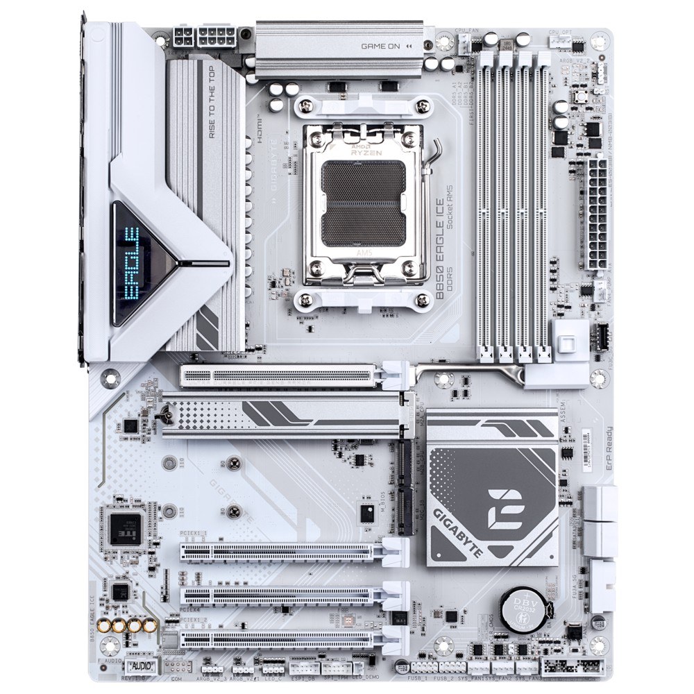 Фото Материнская плата Gigabyte B850 EAGLE ICE, AM5, AMD B850, 4xDDR5, 4xSATA, 3xM.2, 1xPCIe 5.0 x16, 1xPCIe 4.0 x4, 2xPCIe 3.0 x1, 1xDP (v1.4), 1xHDMI (v2.1), 1x2.5Gb LAN, 2xUSB-A 10Gbps, 2xUSB-A 5Gbps, 6xUSB-A 2.0, 1xUSB-C 5Gbps, 3x3.5 мм, 7.1, ATX