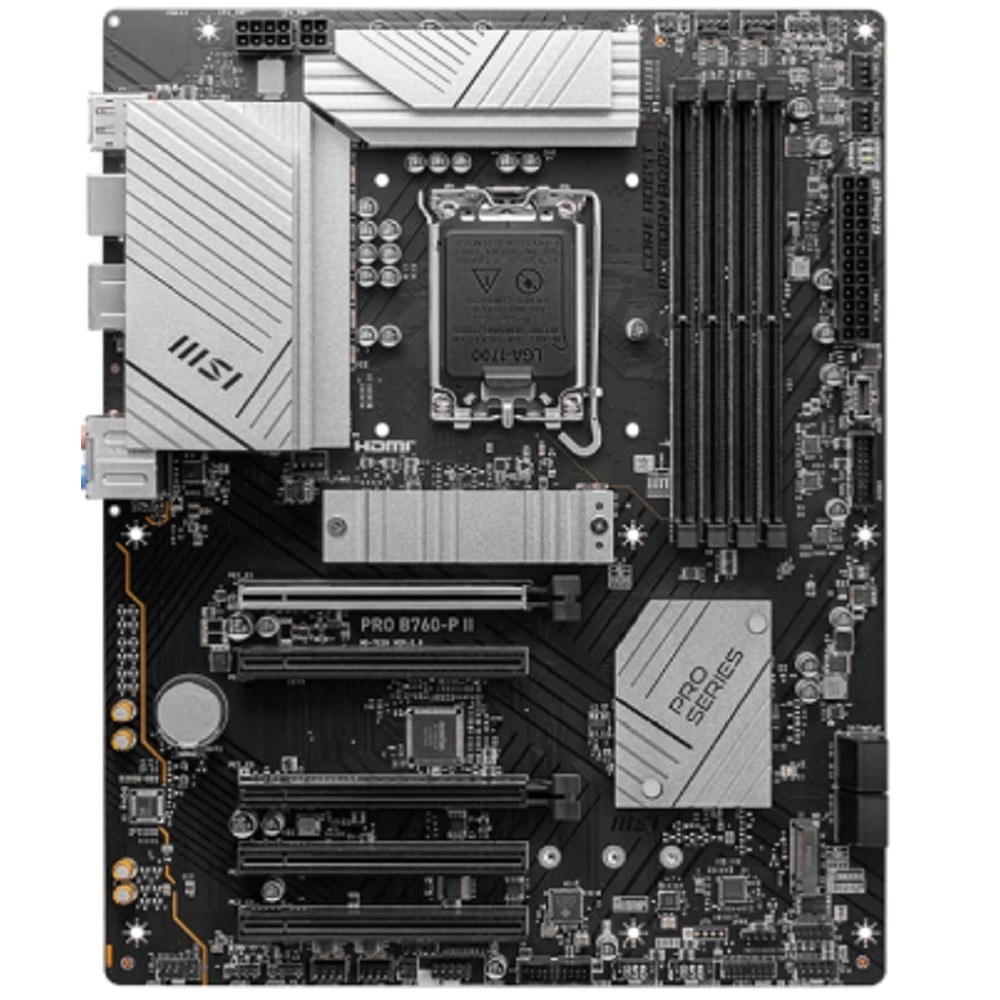 Фото Материнская плата MSI PRO B760-P II, LGA 1700, Intel B760, 4xDDR5, 4xSATA, 2xM.2, 1xPCI-E 4.0 x16, 1xPCI-E 4.0 x4, 3xPCI-E 3.0 x1, 1xHDMI, 1xDP, 1xRJ45 2.5Gb, 1xUSB-C 3.2 Gen 2, 2xUSB-A 3.2 Gen 1, 2xUSB-A 2.0, 5x3.5мм, TOSLINK, 7.1, Standard-ATX