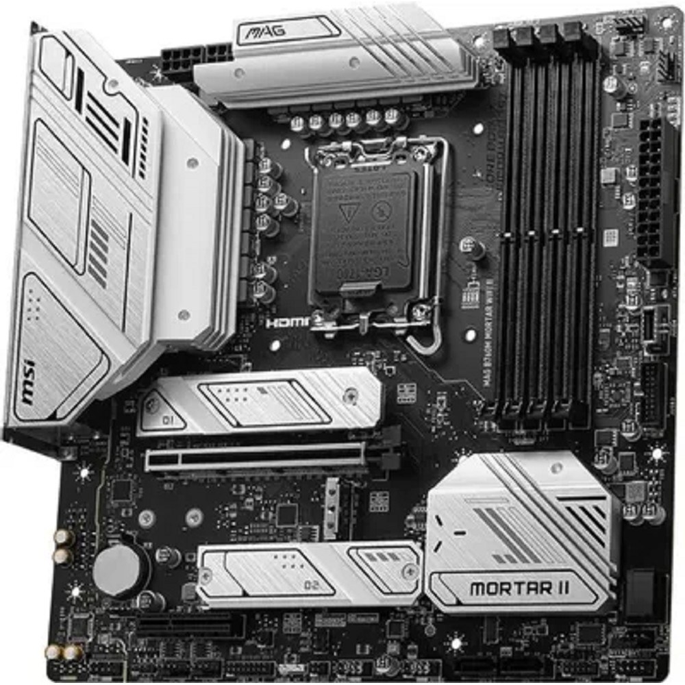 Фото Материнская плата MSI MAG B760M MORTAR WIFI II, LGA 1700, Intel B760, 4xDDR5, 4xSATA, 3xM.2, 1xPCIe 5.0 x16, 1xPCIe 4.0 x4, 1xHDMI, 1xDP, 1xUSB Type-C, 1x2.5Gb LAN, 3xUSB-A 2.0, 3xUSB-A 3.2 Gen 2, 5x3.5 мм, 7.1, mATX